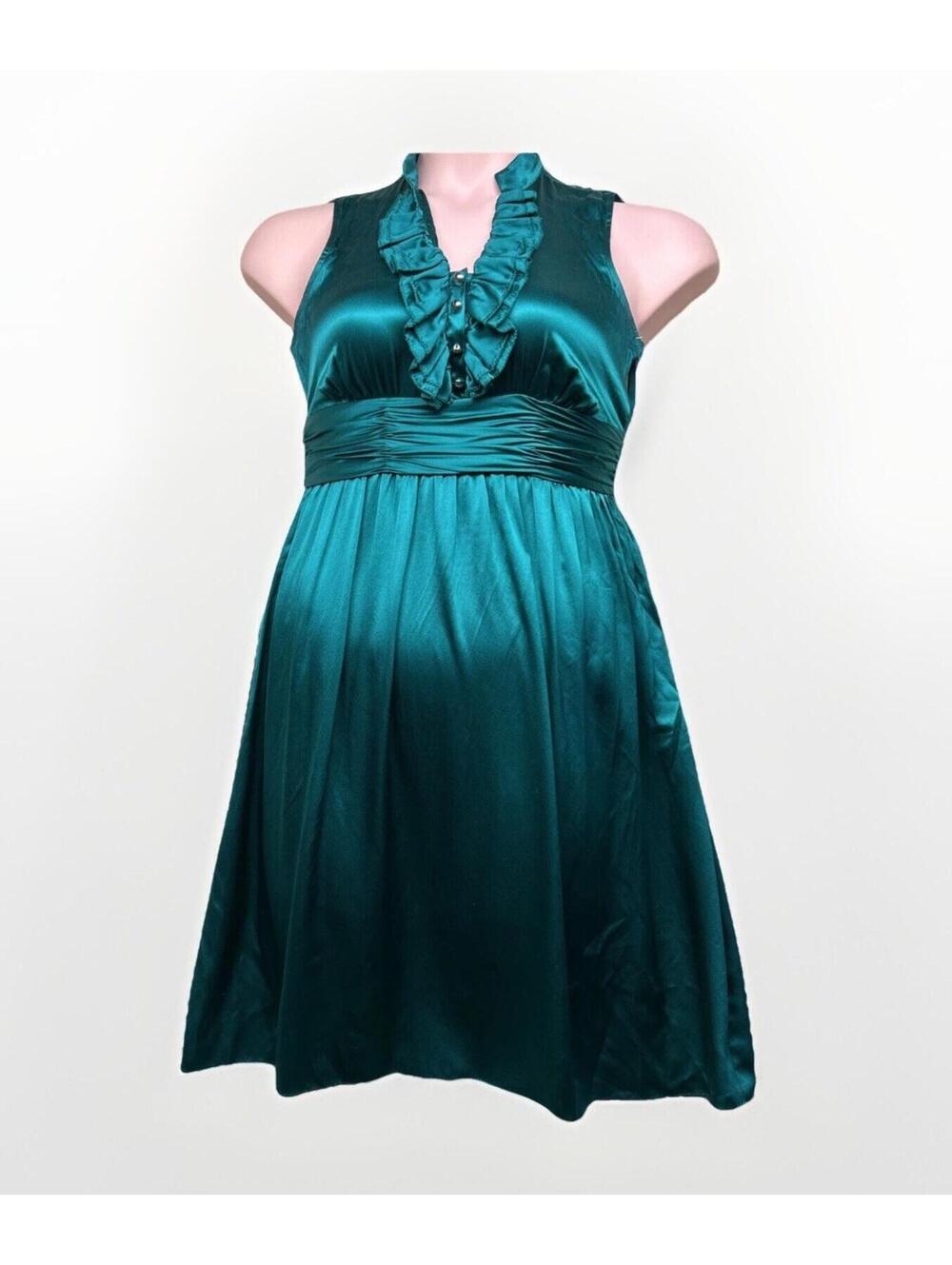 ANTONIO MELANI Emerald Green Satin Babydoll Tunic Dress Sleeveless Ruffle Size 4